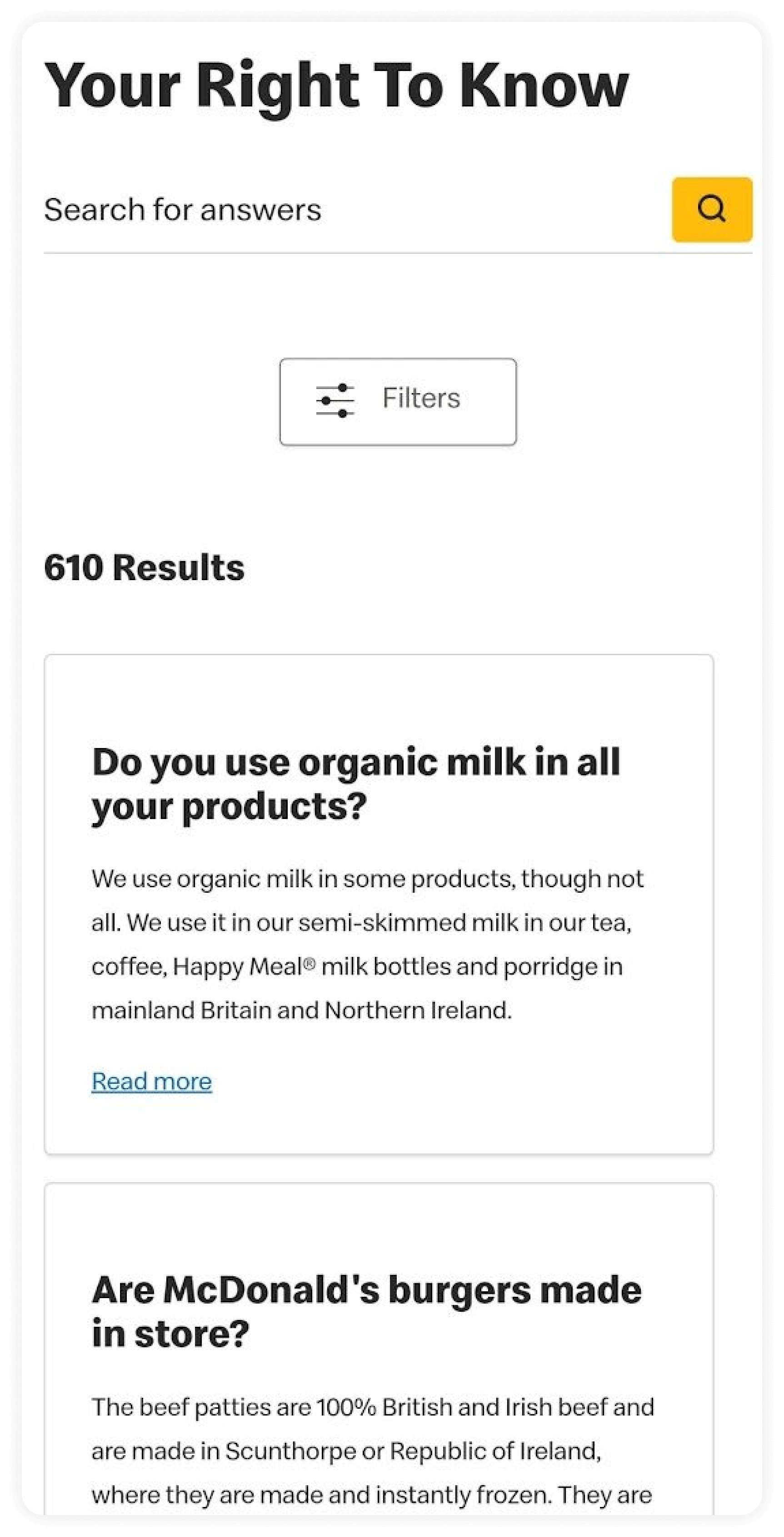 screenshot of mc donald's faq page on mobile