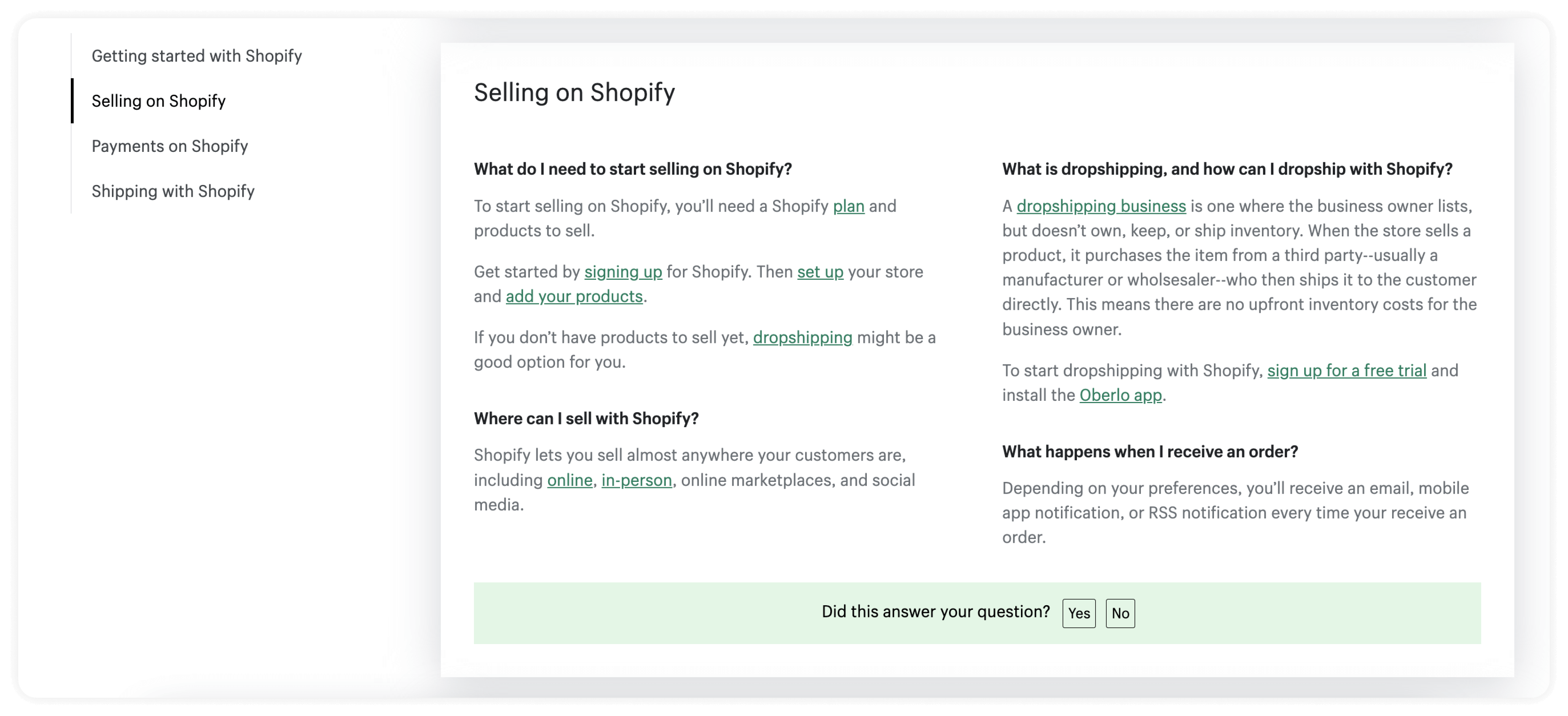 Example of faqs page of shopify