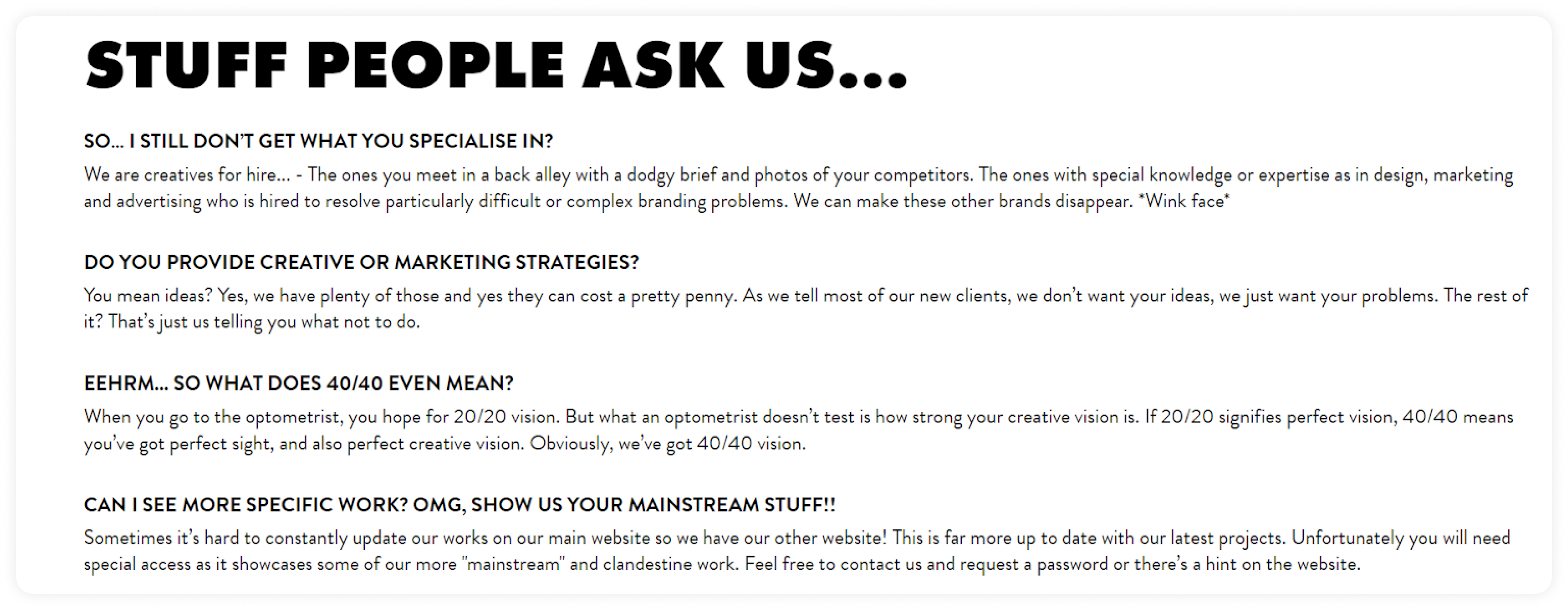 faq page screenshot from 40/40 creative agency