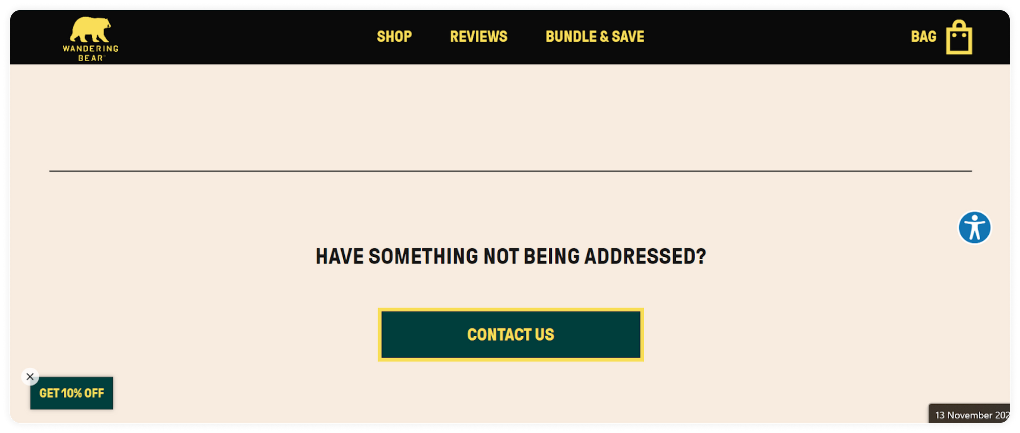 wandering bear contact us button on faq page