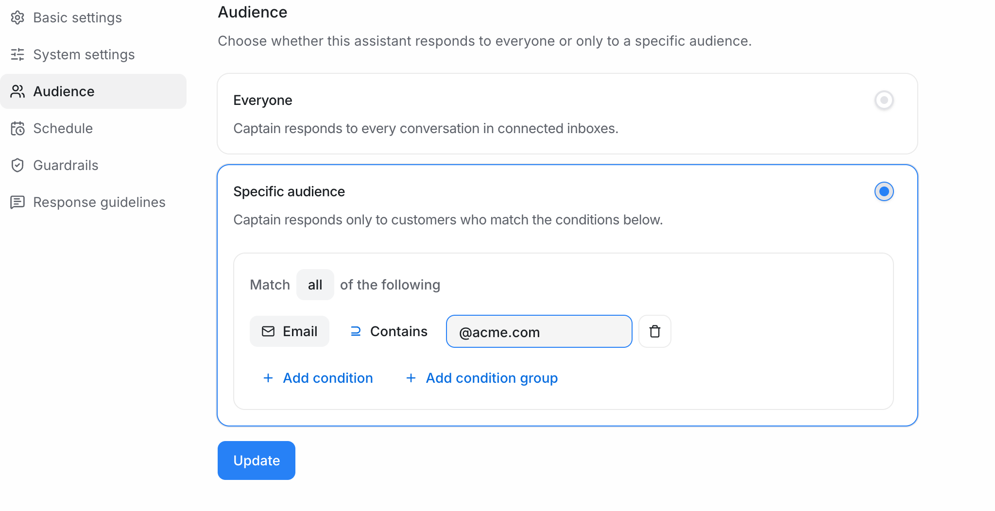 Captain Audience settings with a specific email condition