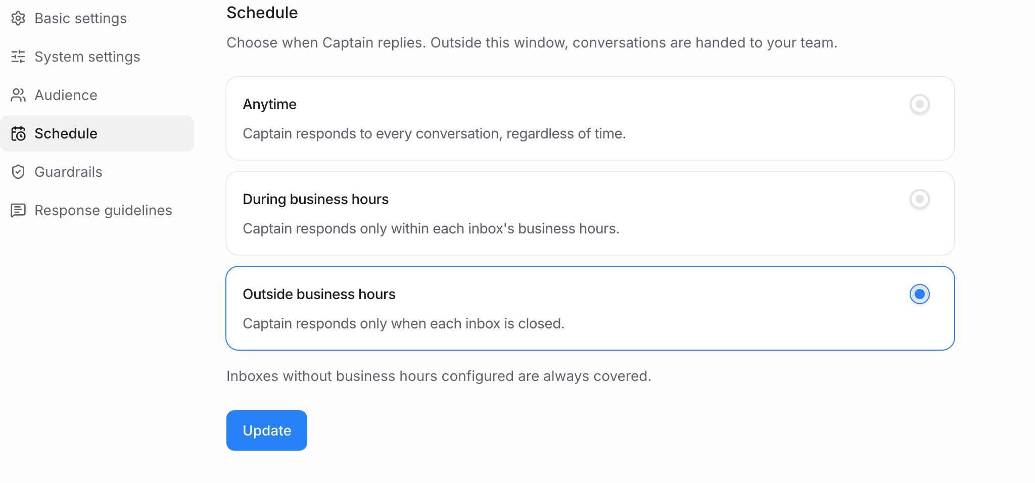 Captain Schedule settings with Outside business hours selected