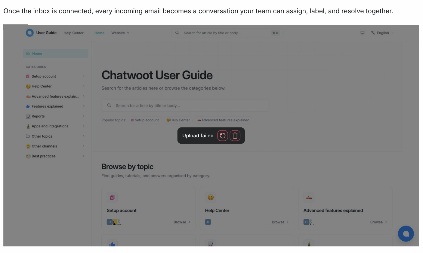 A failed image upload in the article editor with retry and remove buttons