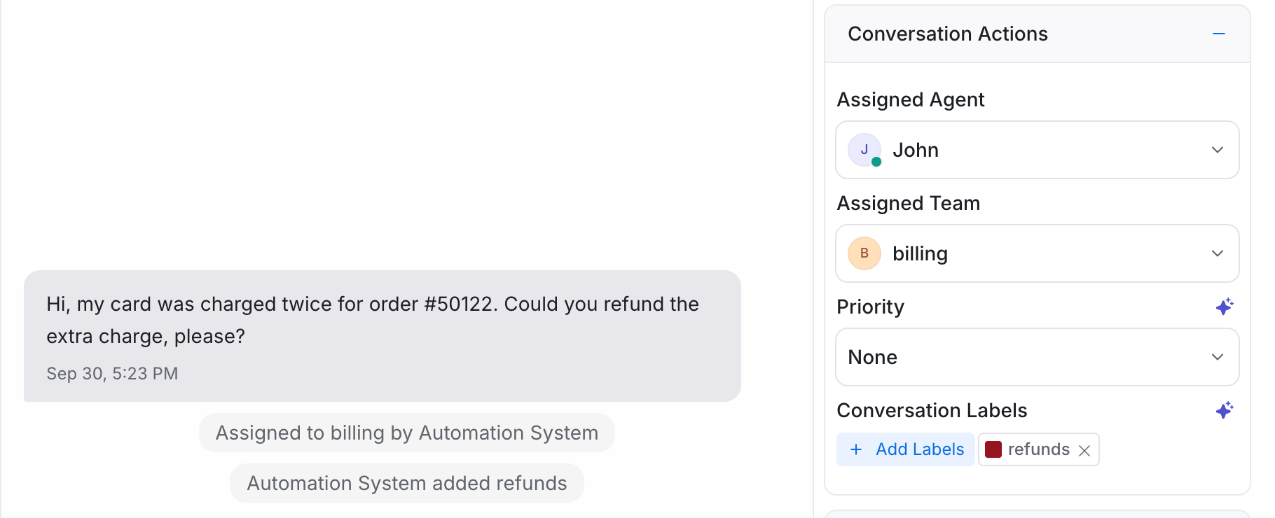 A new conversation about a duplicate charge. The timeline shows it was assigned to billing and labelled refunds by the automation.