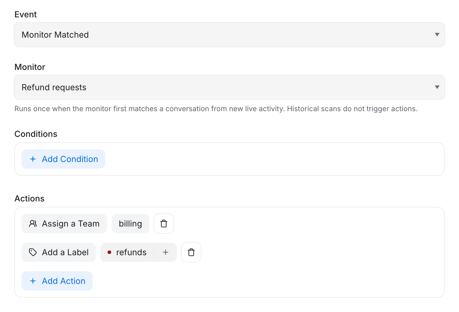 An automation rule using the Monitor Matched event for the Refund requests monitor, with actions to assign the billing team and add the refunds label.