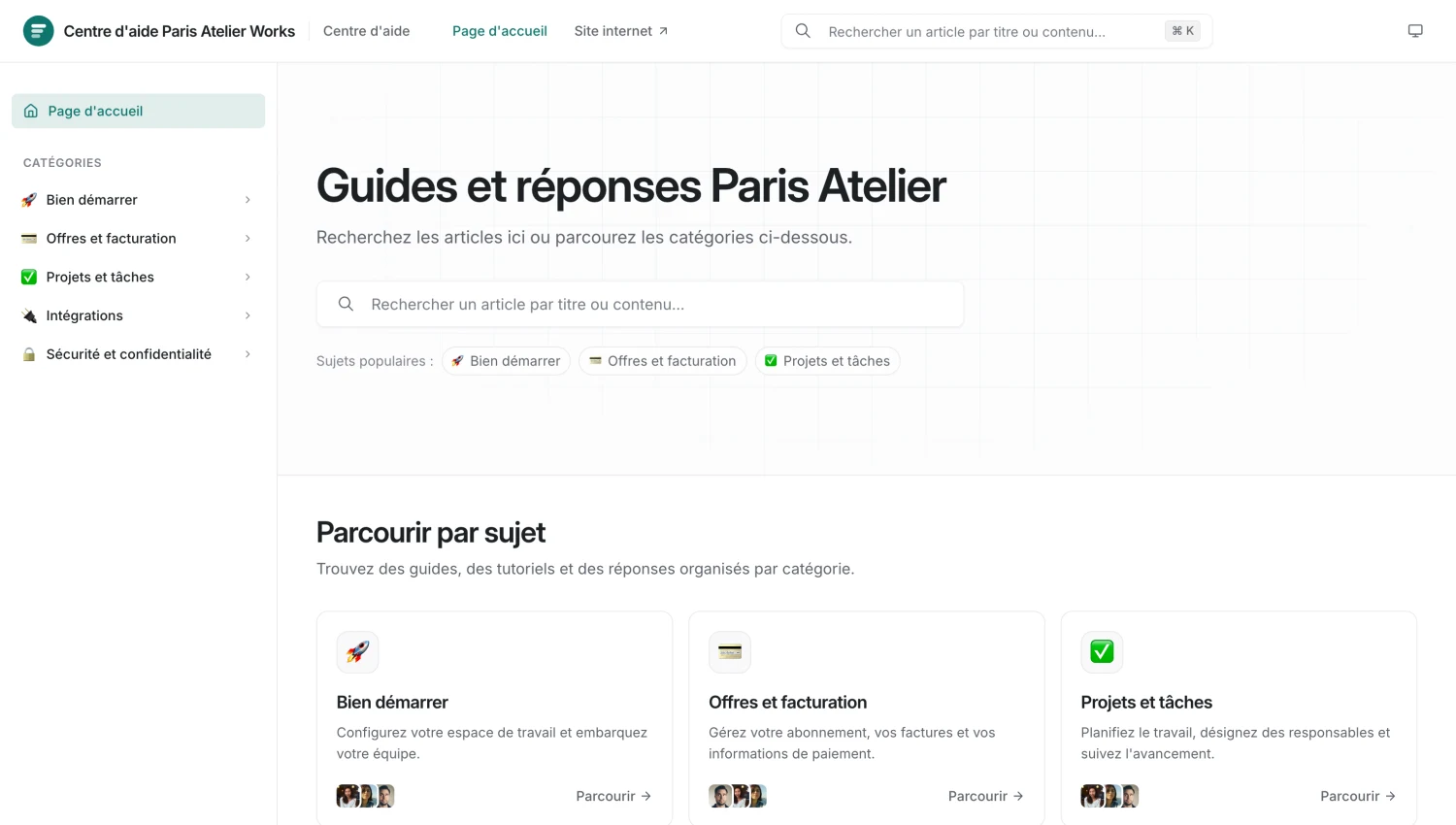 Un Help Center public créé avec Replynivo, avec une barre de recherche, des sujets populaires et des catégories d’articles.