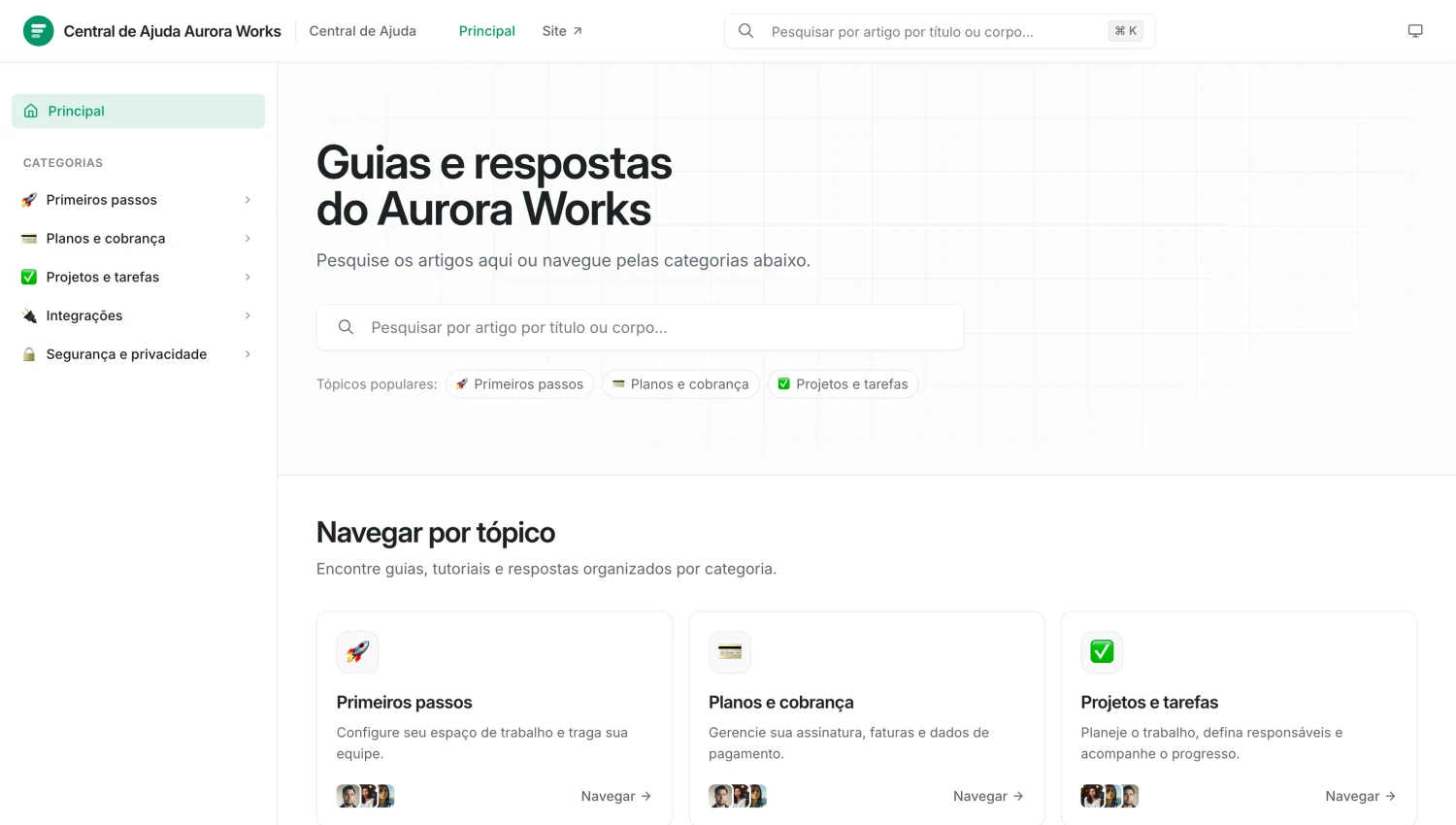 Um Help Center público criado com o Replynivo, com barra de busca, tópicos populares e categorias de artigos.