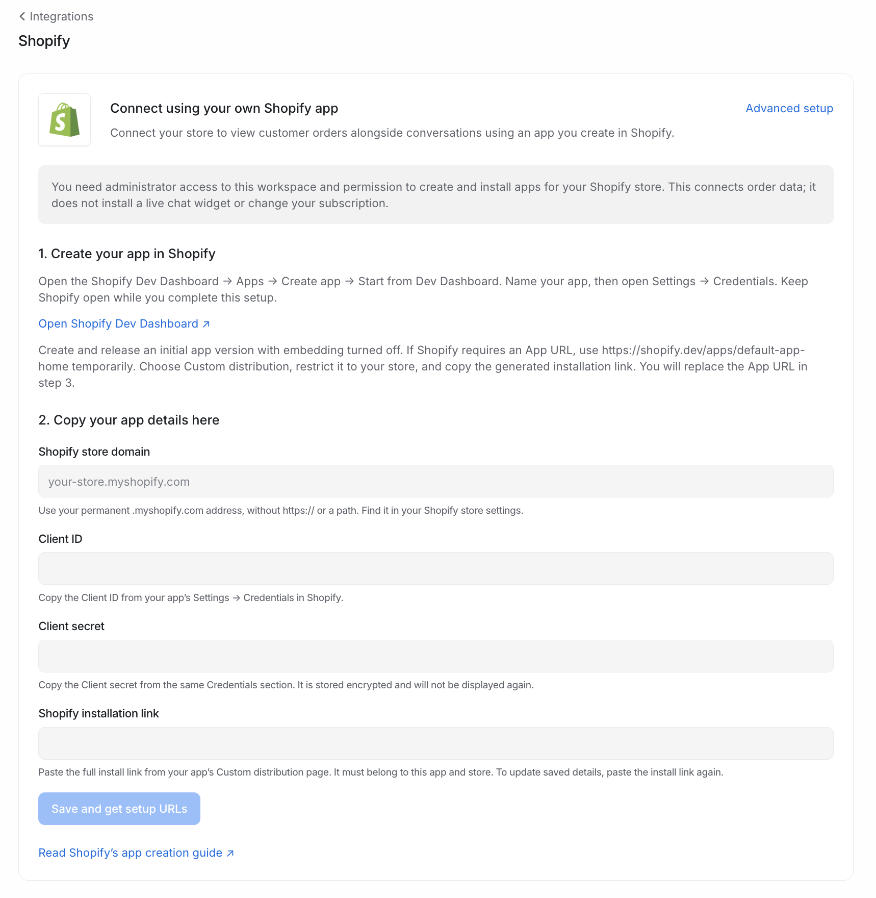 Shopify custom app details form in Replynivo